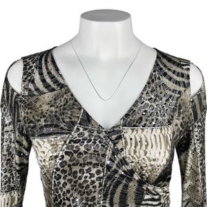 JOSEPH RIBKOFF Sequins Leather Print Cold Shoulder Blouse Sz 8